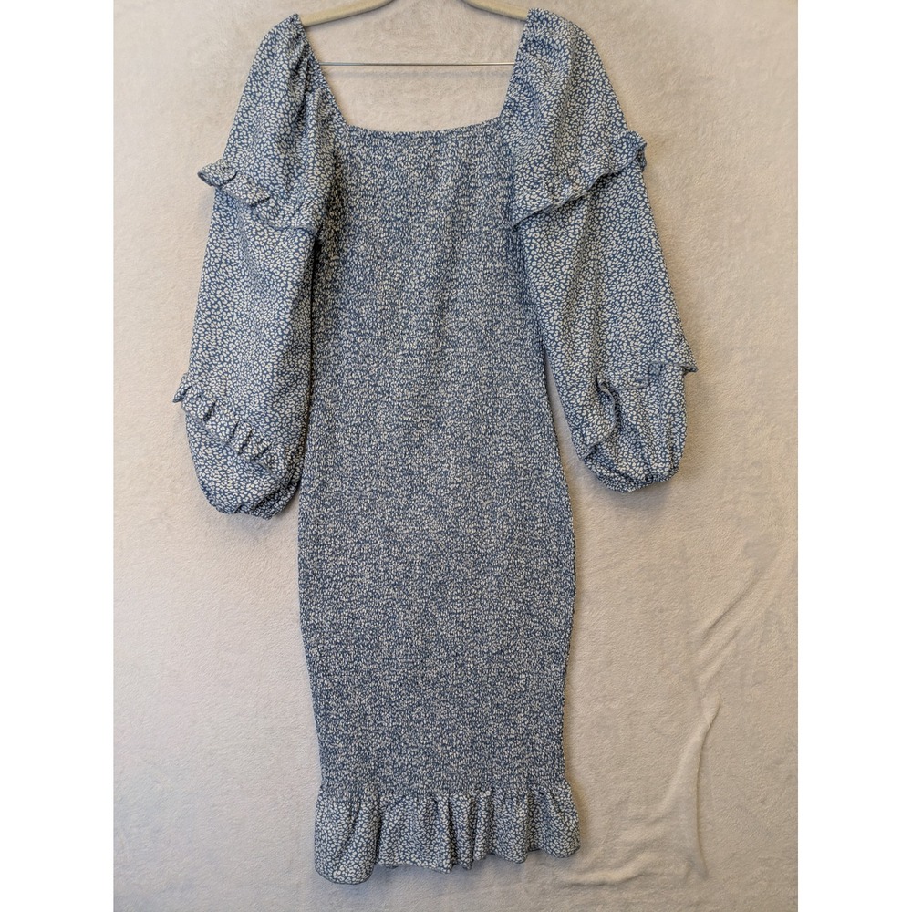 PrettyGarden Blue White Smocked Bodycon Midi Dress Small